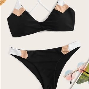 Lace-Up Back Top With Color-Block Bikini